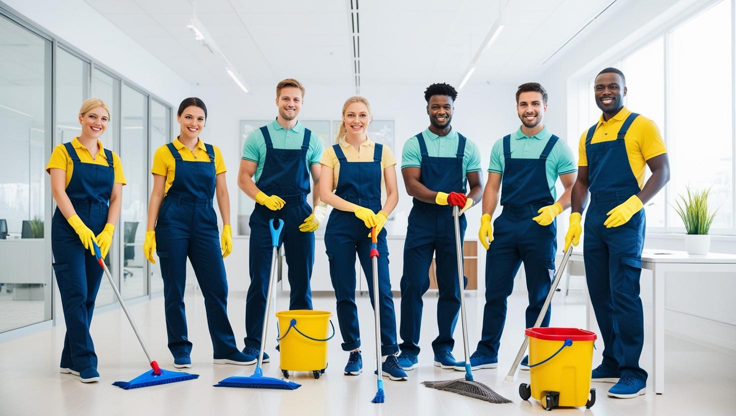 Reinigungsteam von Sauber & clean by Kühl in einem modernen Büro, ausgestattet mit professionelle Reinigungsausrüstung