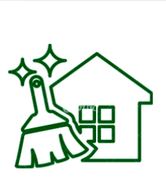 Icon für Haushaltsreinigung - Stilisierte Darstellung eines Hauses mit Besen und Sternen für Sauberkeit